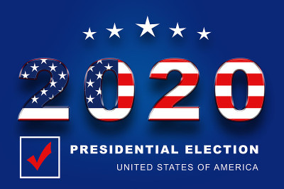 美国2020年总统大选美国人投票，蓝色背景横横幅设计。插图。