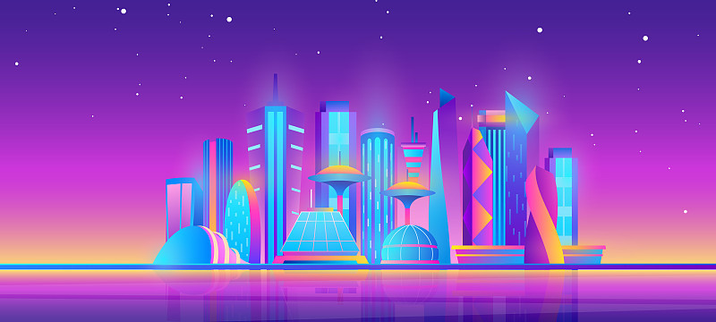 未来的夜晚城市天际线，紫色的未来现代城市景观与建筑摩天大楼