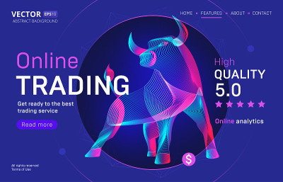 网上交易业务服务登陆页面模板具有高质量的评级。抽象概述矢量插图公牛或野牛剪影在3d霓虹线艺术风格