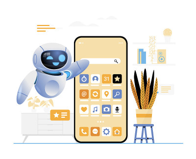 现代机器人采用在线移动app社交媒体传播人工智能技术概念