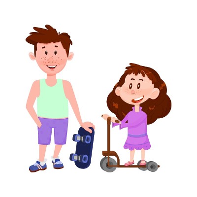 男孩和女孩的平面角色——哥哥玩滑板，姐姐骑滑板车。