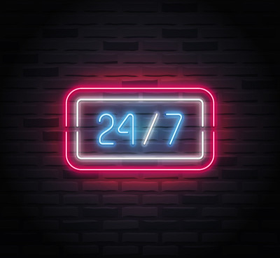 霓虹灯- 24小时营业。矢量图