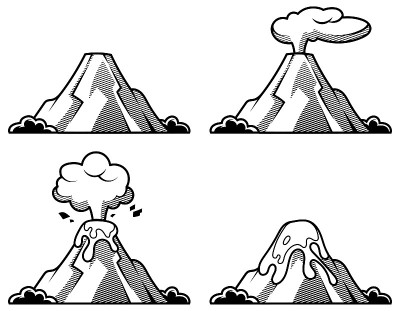 一组不同喷发程度的火山。
