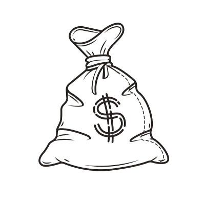 满袋现金钱美元卡通轮廓向量。插图。仅用于说明性编辑。