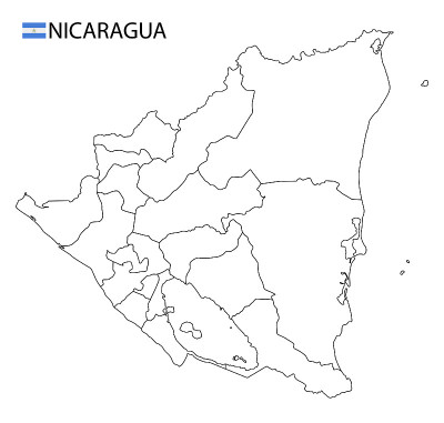 尼加拉瓜地图，黑白详细勾勒了该国各地区。