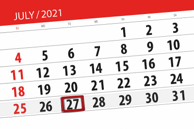 2021年7月的日历计划，截止日期，27日，星期二