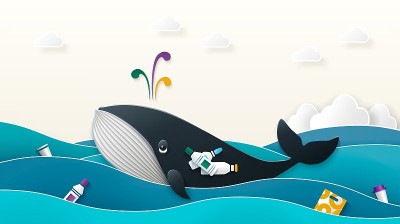 鲸鱼吞下了塑料垃圾。污染环境的概念