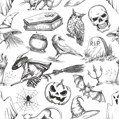 万圣节派对符号铅笔素描图案