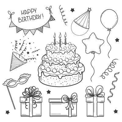 手绘一套节日元素。生日快乐。蛋糕，旗子，面具，气球，礼盒。草图。矢量插图。