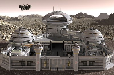 火星殖民地。外星球探险。火星上的生活。3D插图