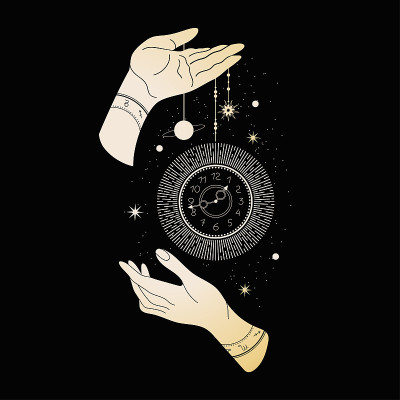 魔法指针和一个时钟。有恒星和行星的空间。