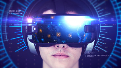 佩戴VR头盔，体验3D虚拟现实的年轻人。3 d渲染。