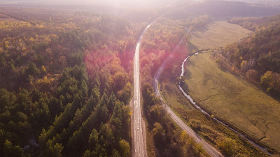 鸟瞰图的道路通过秋天的森林