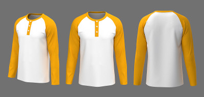 空白长袖raglan henley t恤模型在前面的观点，侧面和背面的观点