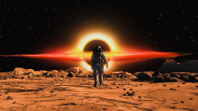 勇敢的宇航员穿着宇航服自信地在火星上行走，这是一颗被岩石覆盖的外星红色星球。第一个登上火星的宇航员。