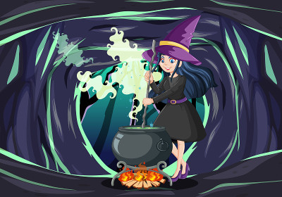 巫师或女巫与魔法壶在黑暗的洞穴背景
