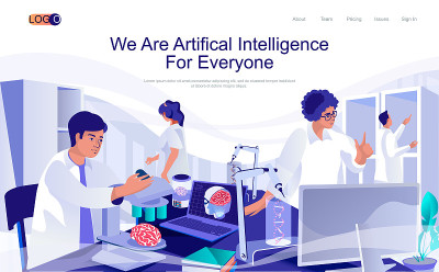 人工智能概念等距登陆页面。人工智能大脑神经网络在科学实验室工作，3d网页横幅。矢量插图在平面设计网站
