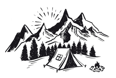 素描露营在自然设置，山景观，矢量插图。