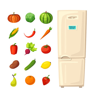 冰箱里的一套健康食品。卡通矢量图