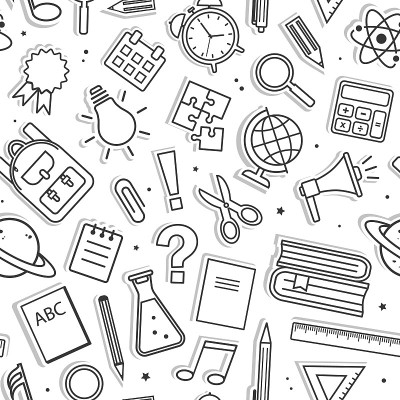 无缝模式与学校用品。黑线的艺术。矢量图