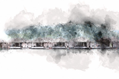抽象建筑以水彩画为背景。城市上的数字插画刷艺术。