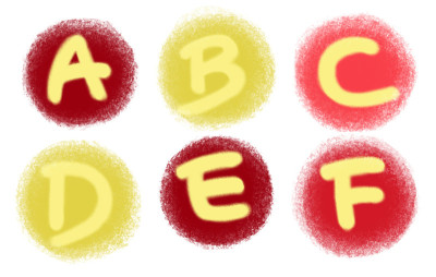 一组A、B、C、D、E、F字母，用红、黄圈标出。丰富多彩的设计元素，图案，请柬，印刷品，贺卡，贴纸，
