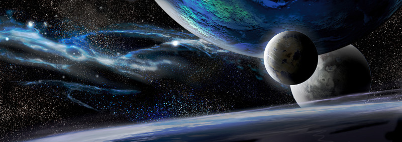 在太空星云背景上的系外行星全景视图