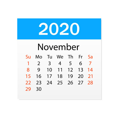 2020年11月日历。个人的组织者。撕日历。白色背景。矢量图