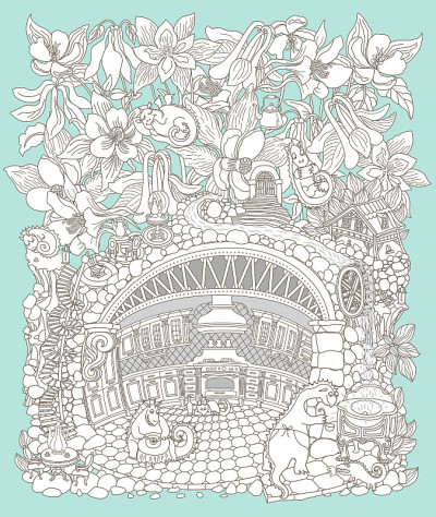 矢量轮廓细线插图。童话中的水仙花和地下龙兽家庭公寓中古老的中世纪洞穴厨房。成人涂色书页，t恤印