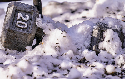 雪里有20磅重。用来支撑喂鸟器的杠铃