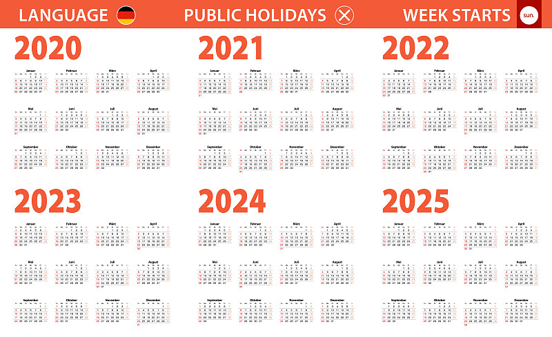 德语2020-2025年日历，每周从周日开始。