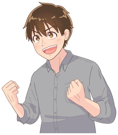 穿灰色衣服的男孩高兴地握紧了拳头。