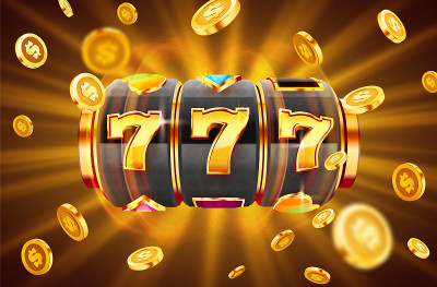 黄金老虎机赢得头奖。777大胜概念。赌场大奖。