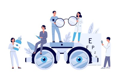 眼科网横幅与微小的人平面矢量插图孤立。