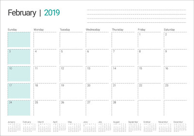 2019年2月台历矢量插图