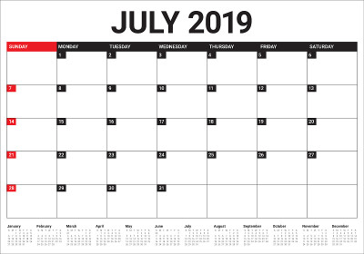 2019年7月台历矢量插图