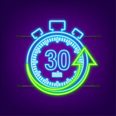 30分钟，秒表矢量霓虹灯图标。秒表图标在平面风格，计时器在彩色背景上。矢量图