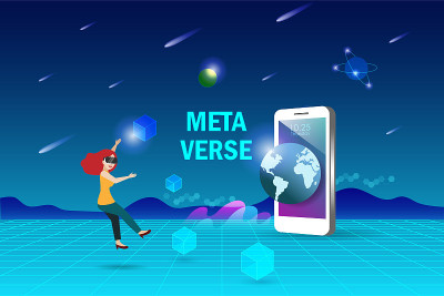 元宇宙，虚拟现实和增强现实技术。男人们戴着VR眼镜，在智能手机上体验3D虚拟现实，在太空和宇宙环境界