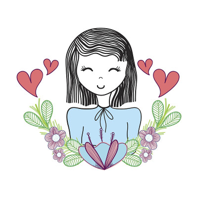 快乐的女人，鲜花和心