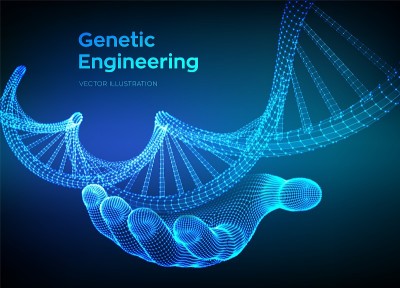 DNA序列在手。线框DNA分子结构网。DNA代码可编辑模板。科学技术概念。矢量插图。