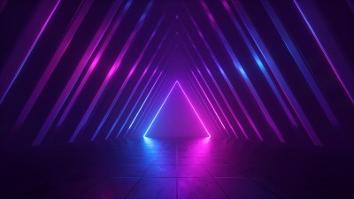 3d渲染，抽象背景与粉红蓝色发光霓虹灯三角形，几何壁纸与三角形隧道
