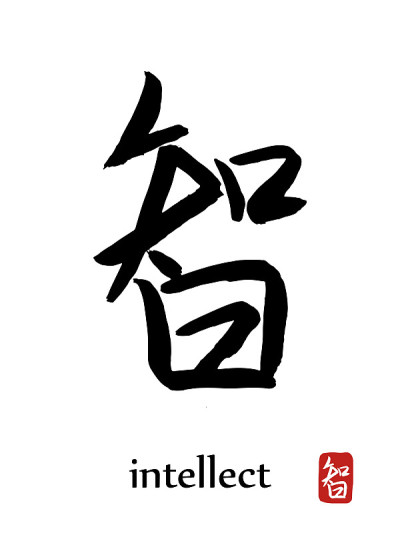 手绘象形文字翻译智力。矢量日本黑色符号白色背景与文本。毛笔红章(日文)。中国书法的图标