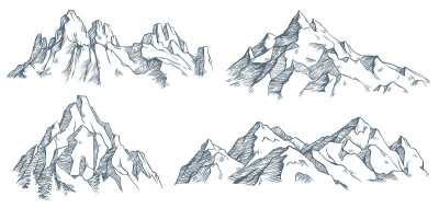 山山峰雕刻。古刻素描山谷与山区景观和古老的森林树木。矢量图