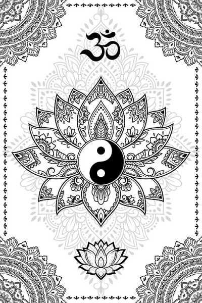 一套东方民族宗教符号。曼陀罗配OM咒，阴阳，莲花。装饰图案为指甲花，曼海蒂，纹身，房间装饰。轮廓涂鸦