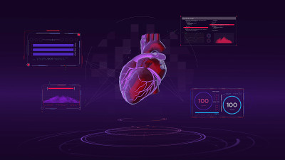 4K 3D未来之心界面与HUD和信息图表元素。虚拟技术背景。科学。生物学。人类。图表。