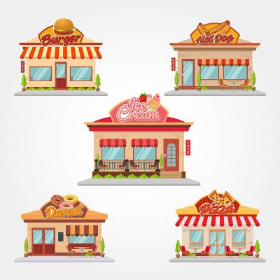 咖啡厅、商店和餐厅建筑矢量平面设计插图