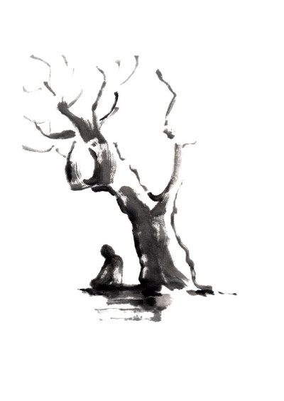 人在树下调解日本风格的原始sumi-e水墨画。