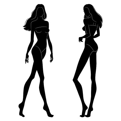 走在领奖台上的时装模特的黑色剪影。美丽苗条的女性孤立在白色背景，矢量插图。