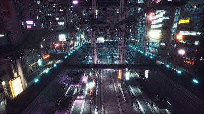 夜景，未来的火车站和高速公路与过往的汽车。未来城市的景象。3 d渲染。
