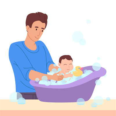 矢量插图在一个平坦的风格。父亲给一个小孩洗澡。孩子们在浴缸里玩得很开心，和鸭子一起，泡沫，肥皂泡。爸